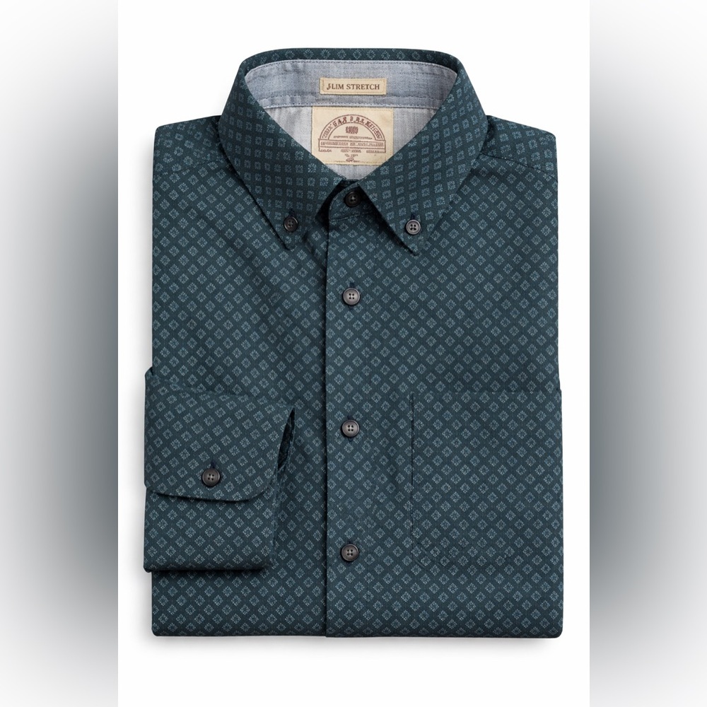 FatFace Slim Stretch Forest Green Printed Button Down Shirt Size Large